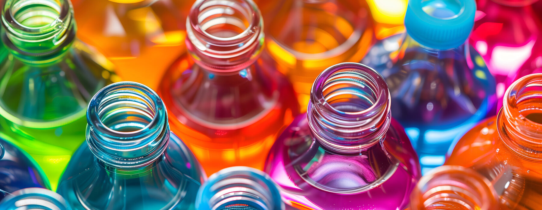 Mehrere bunte Plastikflaschen, von oben fotografiert, gefüllt mit verschiedenfarbigen Flüssigkeiten in kräftigen Farben wie Blau, Rot, Orange, Grün und Pink.