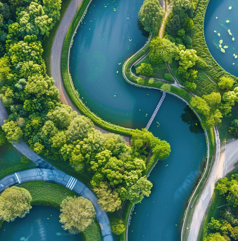 Luftaufnahme einer grünen Landschaft mit Seen und Wegen.