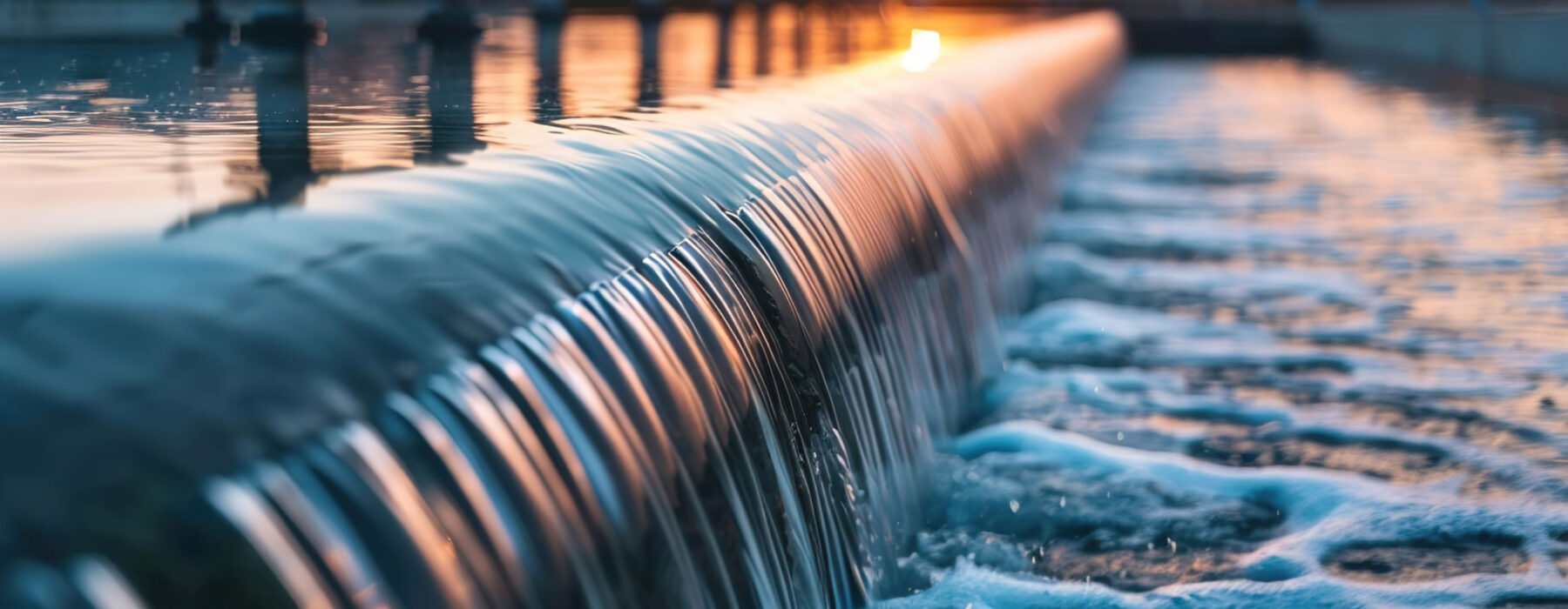 Wasser fließt über eine Kante in einer Kläranlage bei Sonnenuntergang.