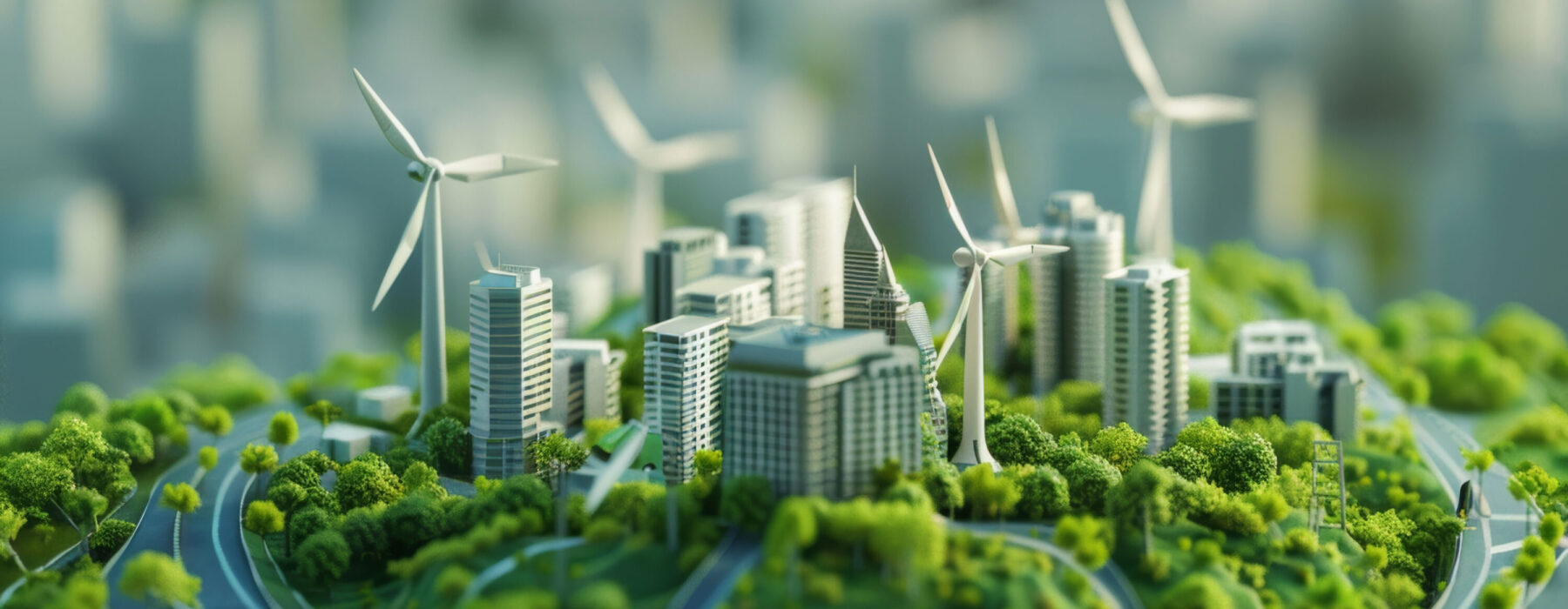 Illustration einer nachhaltigen Stadt mit Hochhäusern, Windrädern und viel Grün.