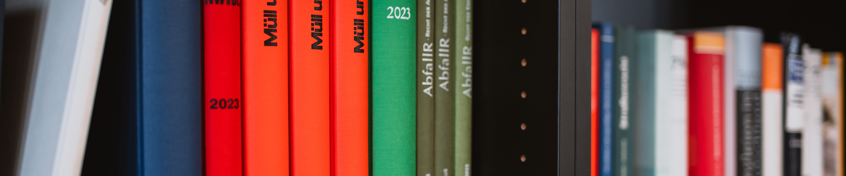 Nahaufnahme von Fachbüchern und Gesetzestexten im Regal.